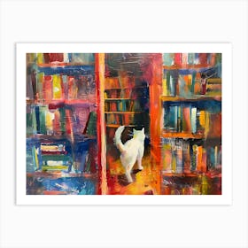 White Cat In The Library - Wandering Between Bookshelves Art Print