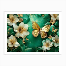 3d Abstract Floral Background With Green Flowers And Golden Butterfly 1 Art Print