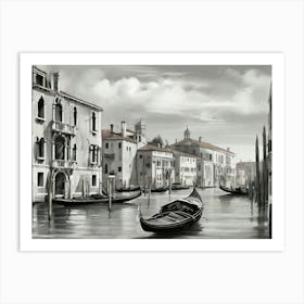 Gondolas on the Gran Canal in Venice, Italy. AI generated in black and white. Art Print
