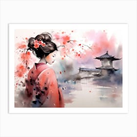 Beautiful Geisha In Beautiful Japanese Cherry Garden Art Print