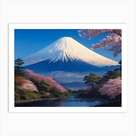 Reflections of Nature: Mount Fuji and Cherry Blossoms in the River Art Print