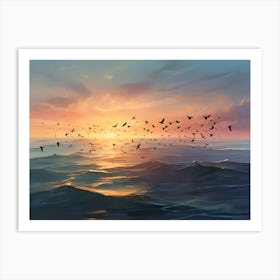 Sunset With Birds In The Sky Paintings Art Print Art Print