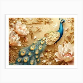 3d Artwork Peacock Illustration Background With Golden Jewelry And Flowers 2 Art Print