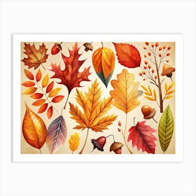 Collection Of Watercolor Autumn Leaves And Acorns Art Print