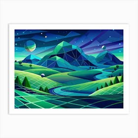 Low Poly Landscape With Mountains, River And Green Fields Art Print