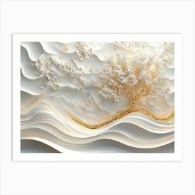 3d Relief White and Gold Wave, 3d Gold Tree Art Print