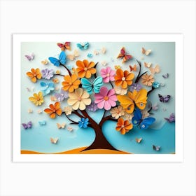 Colorful Floral and Butterfly On 3d Tree Background Art Print