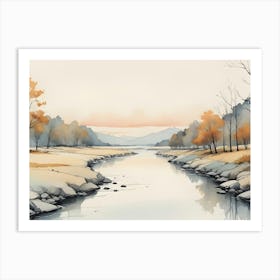 A Watercolor Painting Of A River Winding Through A Valley With Trees On Either Side Art Print