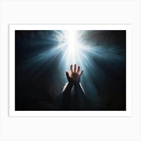 An Ultra Realistic Depiction Of A Hand Raised In A Gesture Of Prayer Emerging From Darkness Into A (7) Art Print