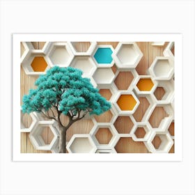 Turquoise Tree And Multicolored Hexagons Displayed on White Lattice Tiles Against an Oak Wood Background Art Print