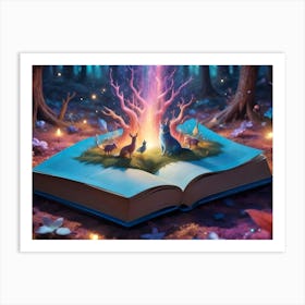 A Magical, Fantastical Forest Scene With A Book Resting On The Forest Floor, Glowing With Light And Surrounded By Vibrant Green Foliage And Ethereal Particles Art Print