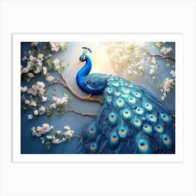 3d Background Blue Peacock on Branch 2 Art Print