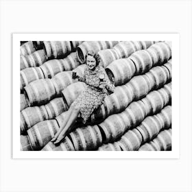 Woman Sitting On Beer Barrels, Black and White Vintage Photo Art Print