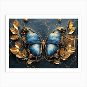 3d Luxury Canvaswork Blue And Gold Butterfly With Golden Leaves On Dark Marble Background Art Print