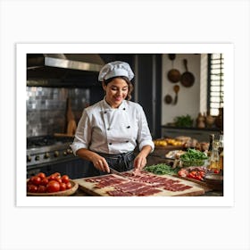 Candid Shot Of A Sophisticated Female Chef Just Slicing Up The Buttery Raw Bacon For A Tasting Ital (3) Art Print