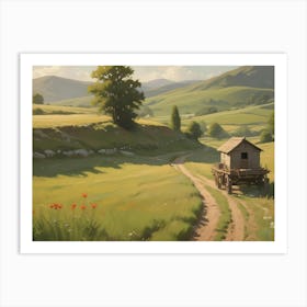 A Peaceful Countryside Landscape With A Small Wooden House On Wheels Parked On A Dirt Road That Leads Through Rolling Hills And Green Fields Art Print