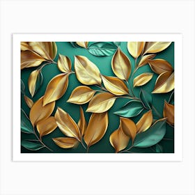 Golden Leaves On Green Background Art Print