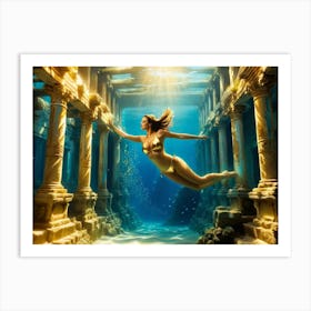 Woman swimming in gold underwater ruin 10 Art Print