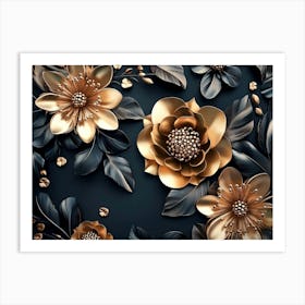 Gold Flowers On Black Background 12 Art Print