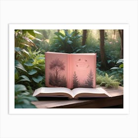 A Pink Book, Open, Lying On A Wooden Table In A Lush, Green Forest Setting Art Print