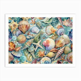 Watercolor Seamless Pattern Of Seashells And Starfish Art Print