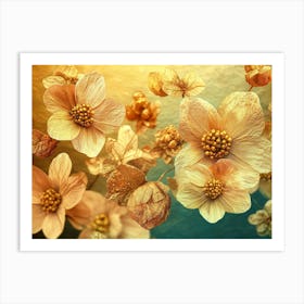 Golden Floral Background, Abstract Vintage Flower Design, Gold Nature Floral Art Print