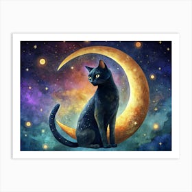 Black Cat Sitting On The Crescent Moon Art Print