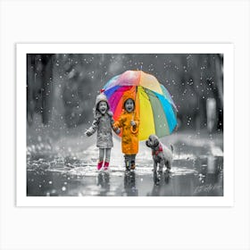 Girl Friends Day - Children In Rain Art Print