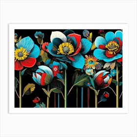 Flowers On Black Background Art Print