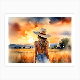 Country Girl Enjoy The Morning Sun -Watercolor Wash Painting Art Print