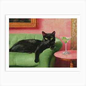 Black Cat With Dirty Martini Cocktail Print Vintage Aesthetic Painting Living Room Decor Poster