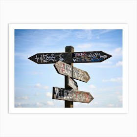 A Weathered Wooden Signpost At A Crossroad Its Arrows Pointing In Various Directions With Hand Pain (6) Art Print