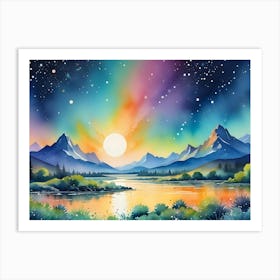 Watercolor Painting Of A Colorful Landscape With Mountains, A Lake, Trees, And A Setting Sun Art Print