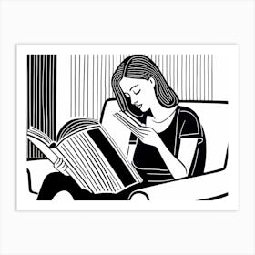 Reading A Book Linocut Black And White Painting, 326 Art Print