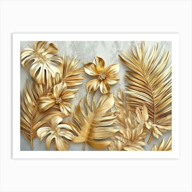 Gold Floral Plants And Palm Leaves 3d Illustration, Grey Background, Abstract Tropical Leaves, Banana Leaves 3 Art Print