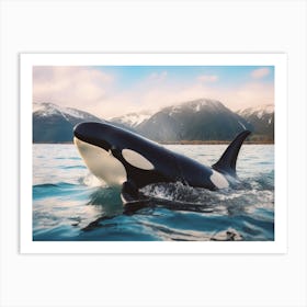 Realistic Photography Of Orca Whale Emerging Out Of Water With Icy Mountain In Background 2 Art Print