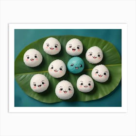 Arrangement Of Cute Rice Balls On A Green Leaf With One Unique Blue Rice Ball 1 Art Print