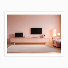 A Minimalist Living Room With Pink Walls, A Pink Sofa, A Pink Entertainment Center, And A White Rug Art Print