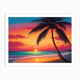 A Tranquil Beach At Sunset Horizontal Illustration 43 Art Print