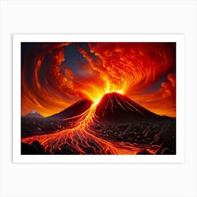 Volcano Eruption With Dynamic Magma Flow Illustration Depicting Lavas Fiery Hues Of Orange And Red Art Print