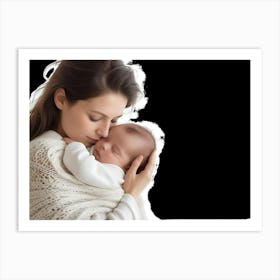 A Mother Cradling Her Sleeping Baby In Her Arms, Isolated On A Black Background 3 Art Print