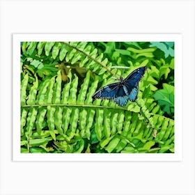 Blue Morpho Butterfly Resting on Ferns. A captivating blue morpho butterfly with shimmering wings sits gracefully on a vibrant green fern, surrounded by lush foliage that highlights the butterfly's iridescent beauty. Art Print