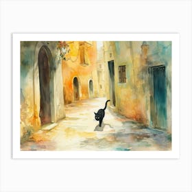 Black Cat In Taranto, Italy, Street Art Watercolour Painting 4 Art Print