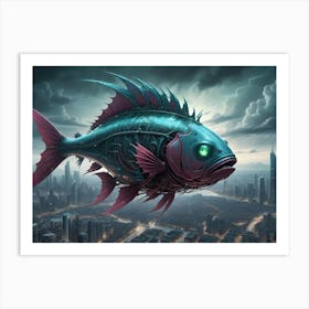 An Illustration Of A Futuristic, Metallic Fish Flying Over A Cityscape Art Print