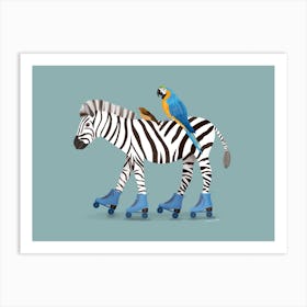 Roller Skating Zebra With Macaw Parrot Art Print