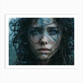 Close Up Portrait Of A Weathered Female Face Hair Gray And Wild Eyes A Piercing Blue Amidst A Mane Art Print