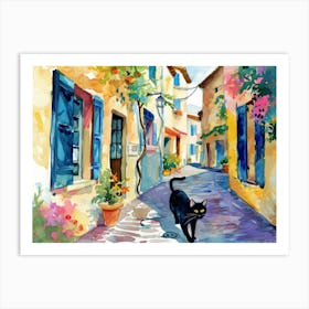 Cannes, France   Cat In Street Art Watercolour Painting 1 Art Print
