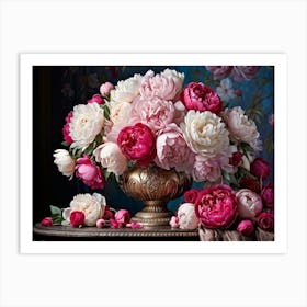 A Luxurious Bouquet Of Roses And Peonies In Full Bloom Cradled In An Ornate Vase Peonies Flushing V Art Print