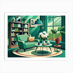 Green Living Room With Sofa, Bookshelf And Plants Art Print