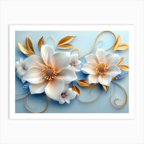 White Flowers On Blue Background Art Print